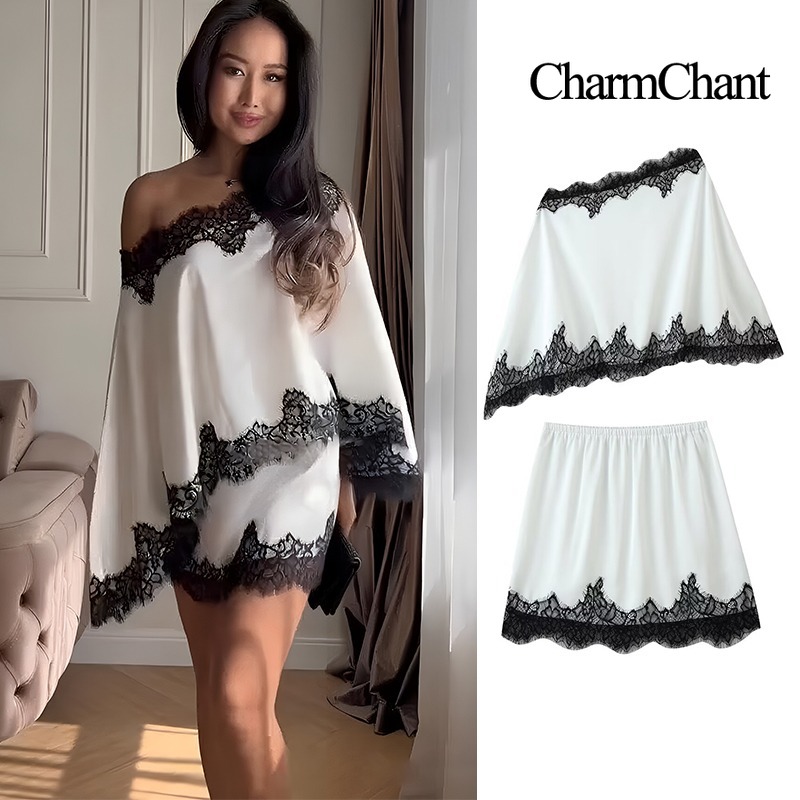 Elastic Lace Trim - CHARMCHANT Dames satijnen set met kantbies,